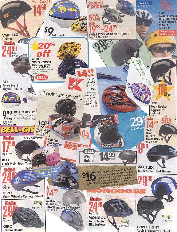 Collage of discount store helmet ads